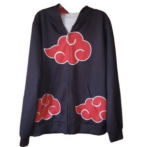 Naruto‎ Unisex Ataksuki Red Cloud Silky Zip Black Hooded Jacket Size Large